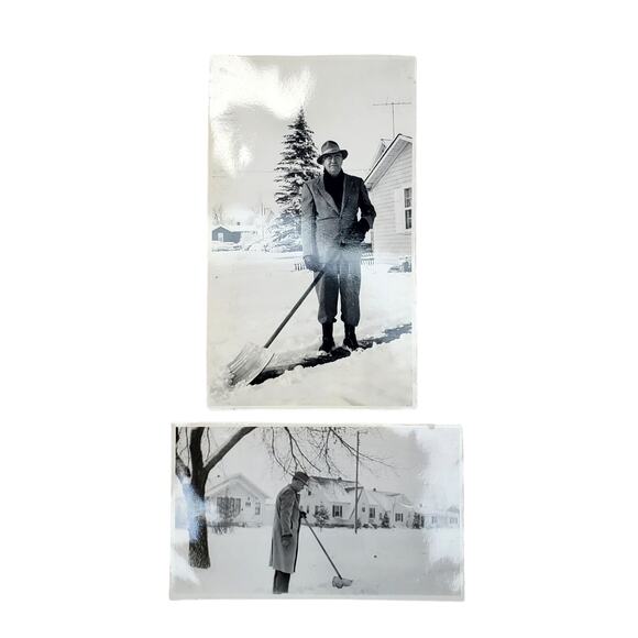 2 Vtg Man Shoveling Snow in Yard Original Monochrome Photography 1950 & 1966 - Picture 1 of 4